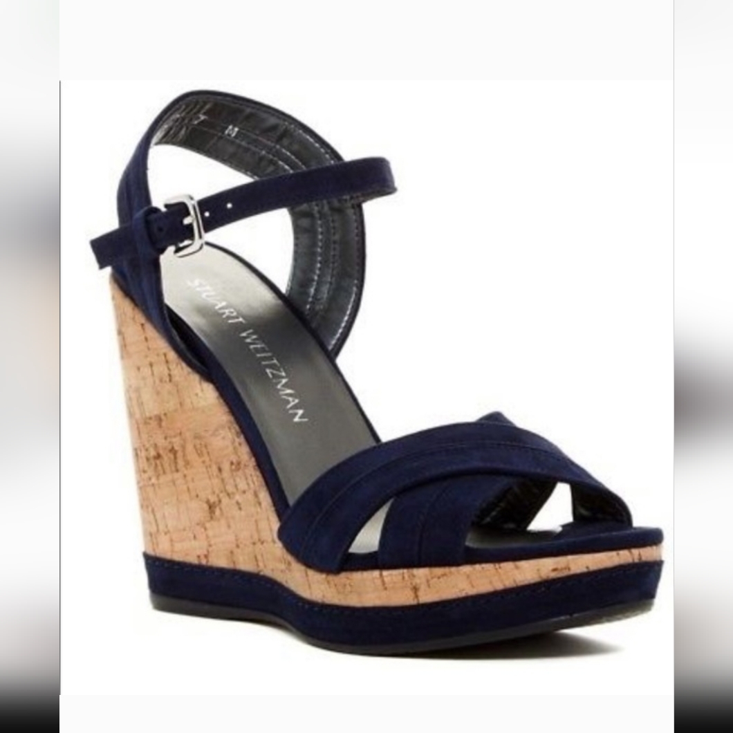 Stuart Weitzman Minky Platform Wedge Sandal Blue 9.5 Euc